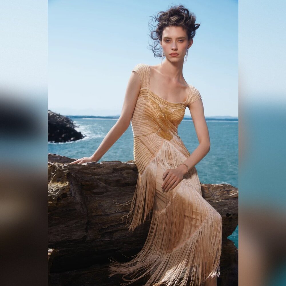 Graceful Gradient Bead Fringe Evening Gown